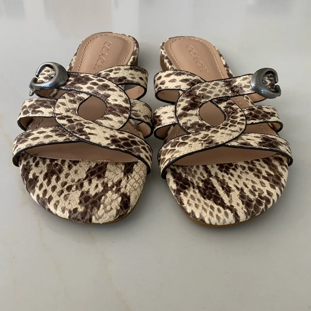 Coach Leather Kennedy Flat Slip On Open Toe Ivory Snake Sandals US 7.5 - Picture 2 of 10